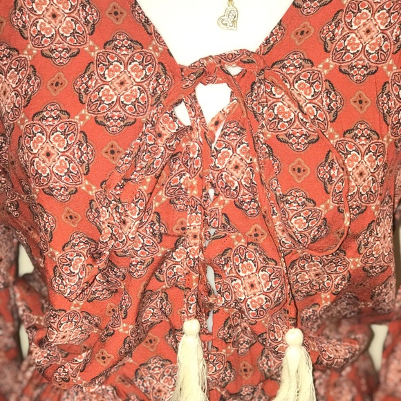 Burgundy Off White Boho Inspired Tie Up Romper - Picture 3 of 3